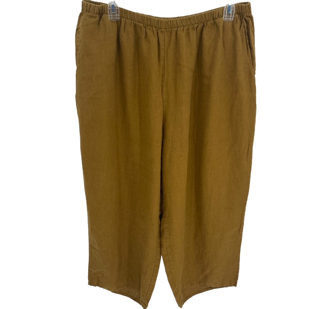 FLAX Womens Linen Wide Leg Pants Size 3G 24-26 Elastic Lagenlook brown/mustard